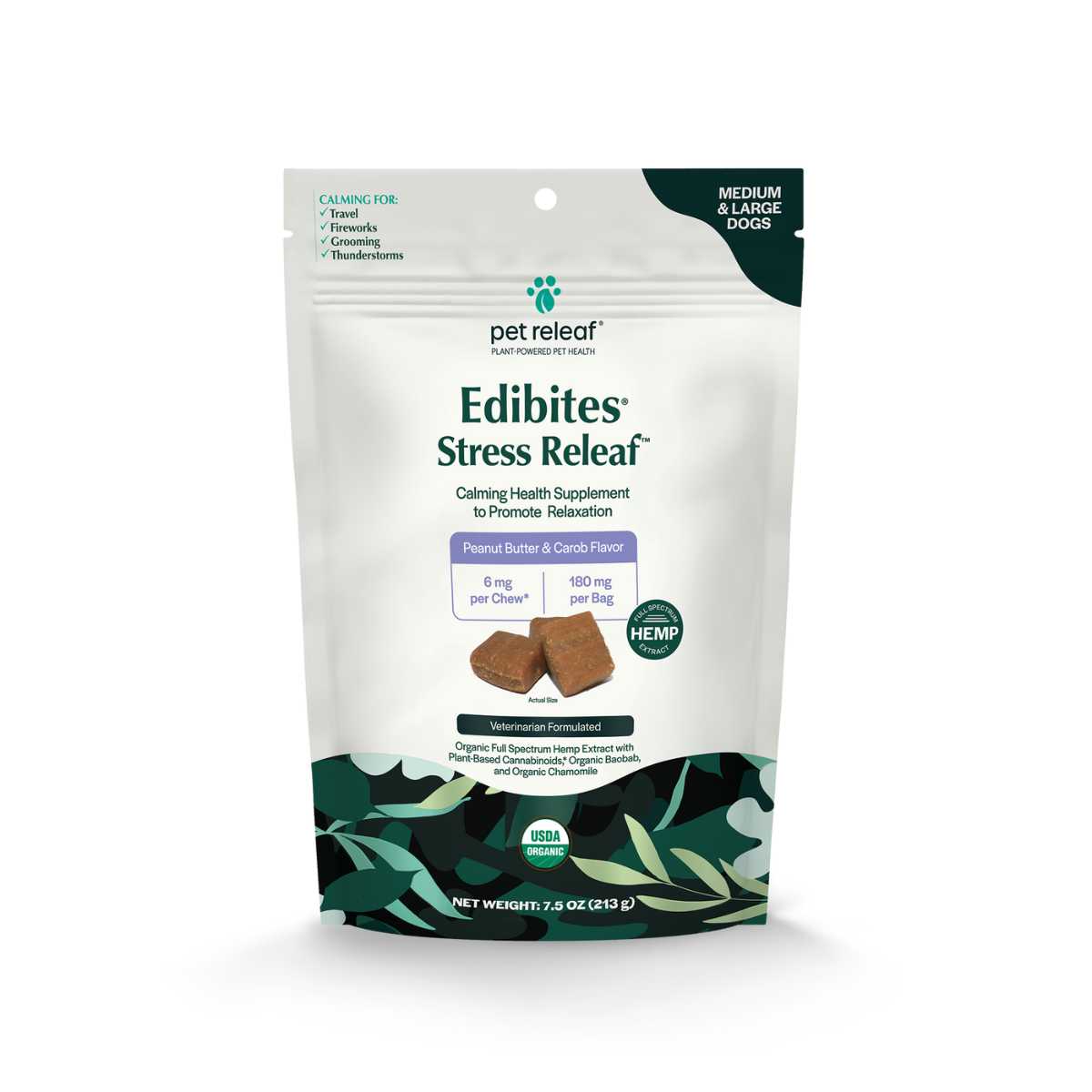 Pet Releaf Edibites Stress Releaf-Organic PB/Carob 6 mg Chews for Large Dogs-7.5 oz Bag