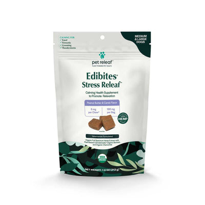 Front view of a packaged product: Pet Releaf Edibites Stress Relief Peanut Butter & Carob Flavor chews for medium and large dogs.