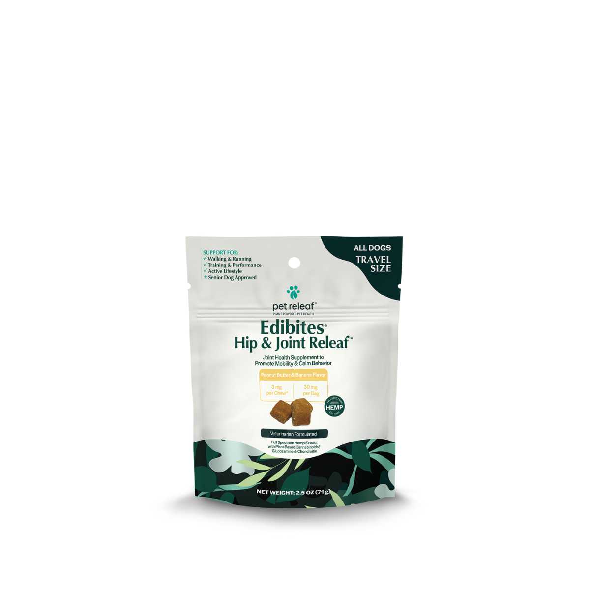 Pet Releaf Edibites Hip & Joint Releaf-PB/Banana 3 mg Chews-Travel Size-2.5 oz Bag