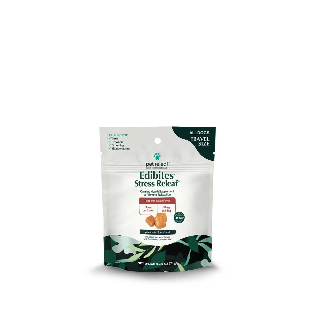 Pet Releaf Edibites Stress Releaf-Peppered Bacon 3 mg Chews-Travel Size-2.5 oz Bag