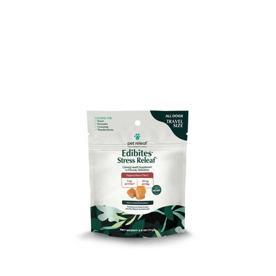 Front view of a Pet Releaf Edibites Stress Releaf travel size bag with peppered bacon flavor.