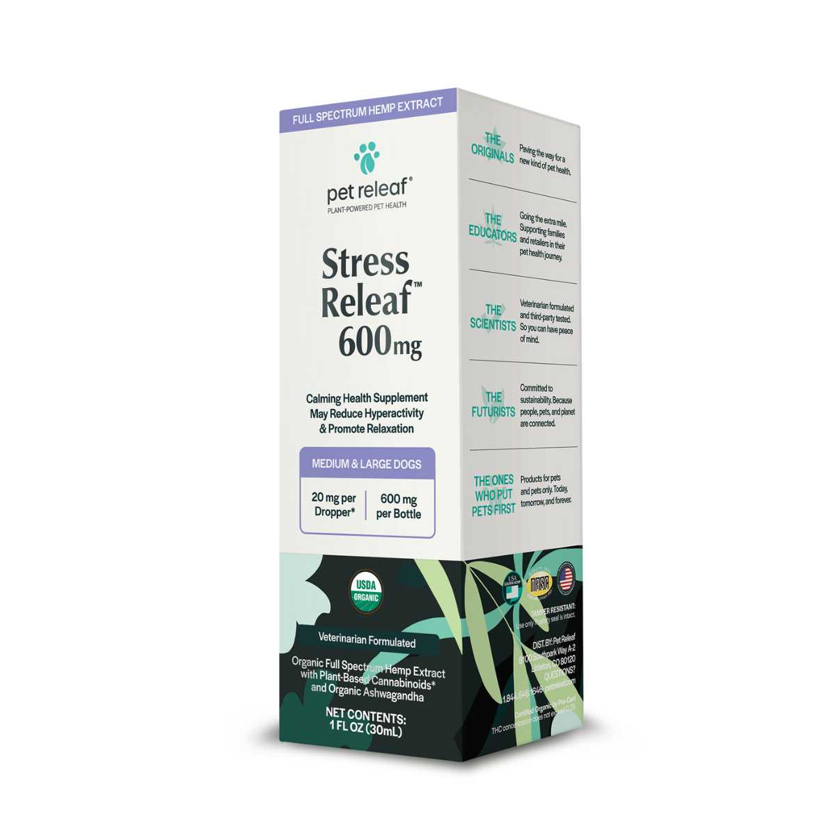 Packaged product: Pet Releaf Stress Releaf 600 mg calming supplement for medium and large dogs, 1 fl oz bottle.