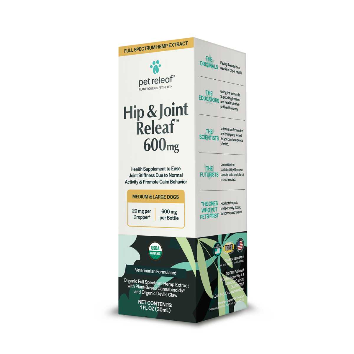 Front view of Pet Releaf Hip & Joint Releaf 600 mg organic hemp oil bottle for medium and large dogs