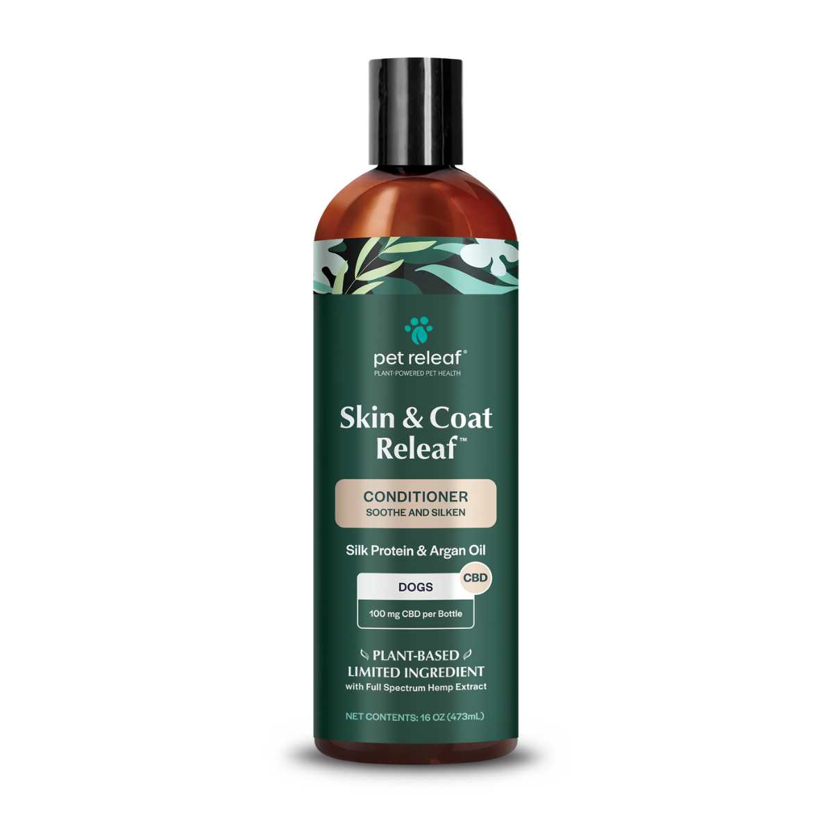 Front view of a dark green bottle with black cap labeled Pet Releaf Skin & Coat Releaf Conditioner, 16 oz