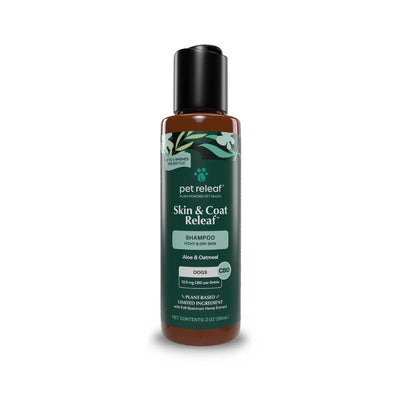 Front view of Pet Releaf Skin & Coat Releaf Shampoo bottle with black cap and green label, 2 oz size.