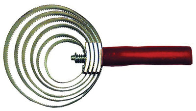 Red-handled spiral curry comb with multiple metal rings, close-up view.