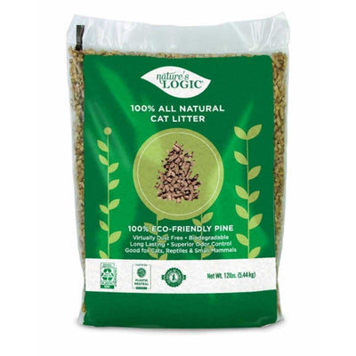 Front view of a packaged Nature's Logic 12 lb pine cat litter bag with green label and pine litter visible through clear plastic.
