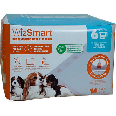 Front view of a packaged WizSmart Heavyweight Pee Pads product box with 14 pads.