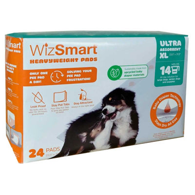Packaged WizSmart Heavyweight Pee Pads XL, 24 count, front view showing dog image and product details.