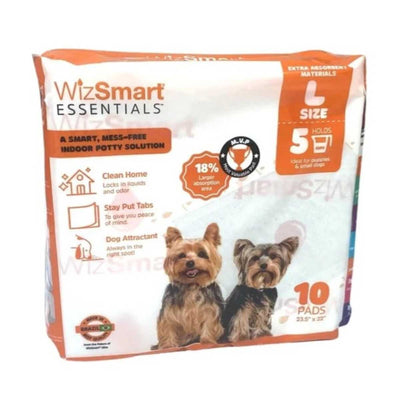 Packaged WizSmart Essentials large pee pads with two dogs on the front, showing 10 pads.
