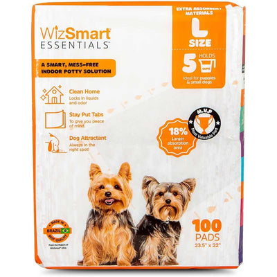 Packaged WizSmart Essentials large pee pads with two small dogs on the front, 100 pads, 23.5" x 22".