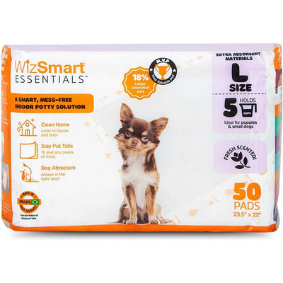 Packaged WizSmart Essentials large pee pads, 50 count, with dog image on front.
