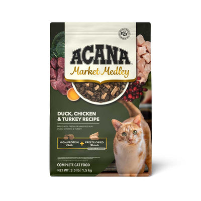 Front view of Acana Market Medley cat food bag with duck, chicken, and turkey recipe, 3.5 lb size.