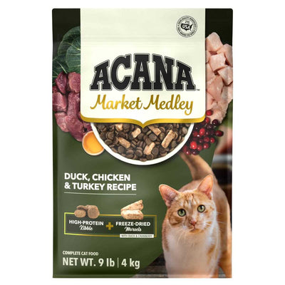 Front view of Acana Market Medley cat food bag with duck, chicken, and turkey recipe, 9 lb size, green and white packaging.