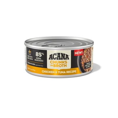 Front view of a silver can of Acana Chunks in Broth Chicken & Tuna Recipe cat food.