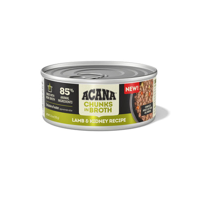 Front view of a silver can of Acana Chunks in Broth Lamb & Kidney Recipe cat food, 5.5 oz.