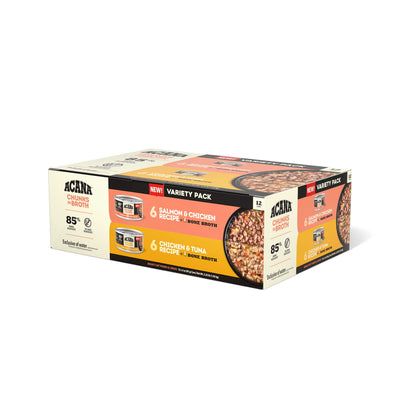 Packaged product: Acana Chunks in Broth Variety Pack with 6 cans of Salmon & Chicken Recipe and 6 cans of Chicken & Tuna Recipe in bone broth.