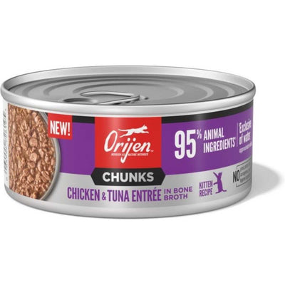 Front view of a silver can of Orijen Chunks Chicken & Tuna Entrée in Bone Broth for kittens, purple and red label.