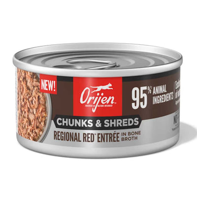 Front view of a silver can of Orijen Chunks & Shreds Regional Red Entrée in Bone Broth cat food.