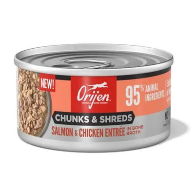 Front view of a silver can of Orijen Chunks & Shreds Salmon & Chicken Entrée in Bone Broth with orange and red label.