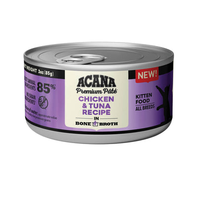 Front view of a silver can of Acana Premium Pâté kitten food with purple label showing chicken and tuna recipe in bone broth.