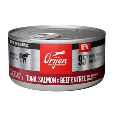 Front view of a silver can of Orijen adult cat food with red and black label showing Tuna, Salmon & Beef Entrée in Bone Broth