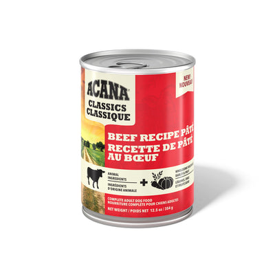 Front view of a red and beige Acana Classics Beef Recipe Pâté canned dog food container.