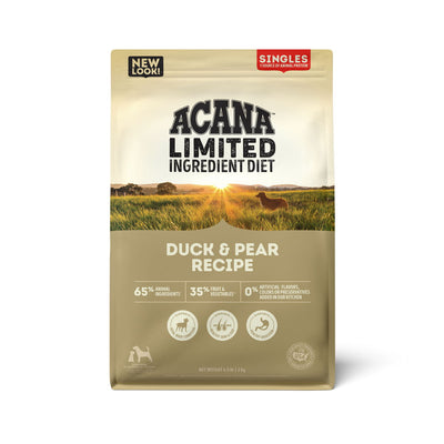 Front view of Acana Limited Ingredient Diet Duck & Pear Recipe dog food bag, 4.5 lb, beige and red packaging.