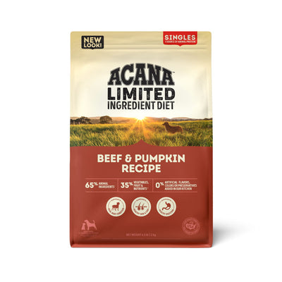 Front view of a red and beige Acana Limited Ingredient Diet Beef & Pumpkin Recipe dog food bag.