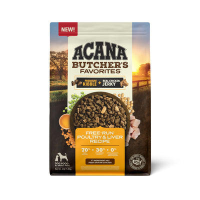 Front view of Acana Butcher's Favorites dog food package with 4 lb size and poultry flavor.