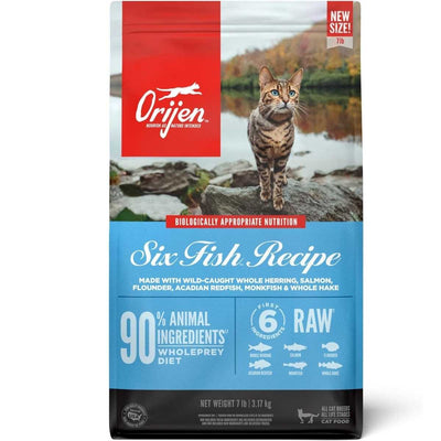 Front view of Orijen Six Fish Recipe cat food bag, 7 lb, blue and red packaging with a cat on rocks.