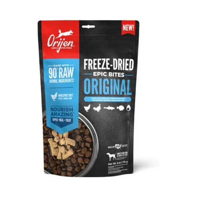 Front view of a black and red Orijen Freeze-Dried Epic Bites Original dog food bag with 6 oz net weight.