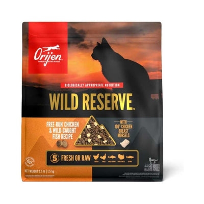 Front view of Orijen Wild Reserve cat food package with orange and black design, showing chicken and fish recipe.