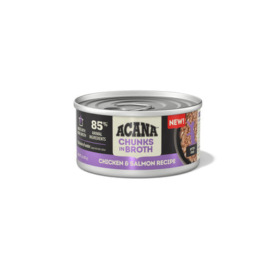 Front view of a silver can of Acana kitten wet food with purple and black label showing Chicken & Salmon recipe