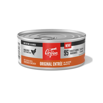 Front view of a silver can of Orijen Original Entrée cat food with orange and red label.