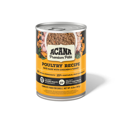 Front view of a silver can of Acana Premium Pâté Poultry Recipe dog food with yellow and black label.