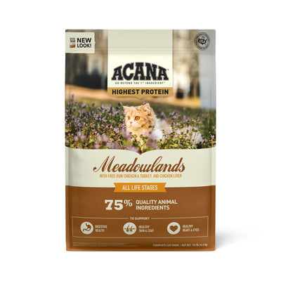 Front view of Acana cat food bag labeled Meadowlands with 10 lb size and brown packaging.