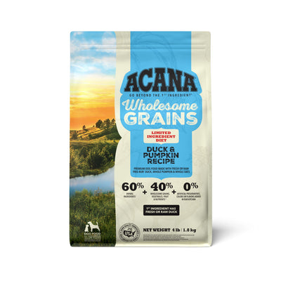 Front view of Acana Wholesome Grains dog food bag with Duck & Pumpkin recipe, 4 lb size, blue and beige packaging.