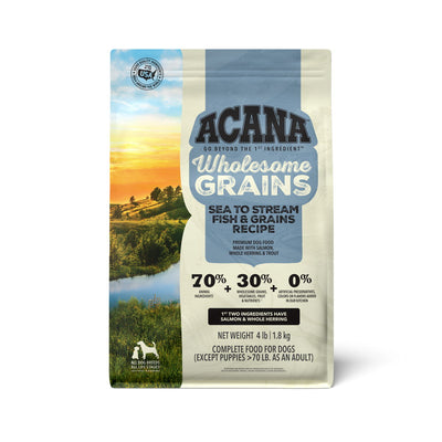 Front view of Acana Wholesome Grains Sea to Stream Fish & Grains dog food bag, 4 lb size, light blue and beige packaging.
