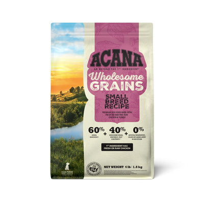 Front view of Acana Wholesome Grains Small Breed dog food package, 4 lb, showing a scenic landscape on the left and product details on the right.