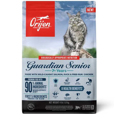 Front view of Orijen Guardian Senior cat food package, 4 lb, showing a gray cat on a log.