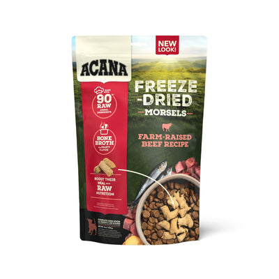 Front view of Acana Freeze-Dried Morsels Farm-Raised Beef Recipe dog food bag with 8 oz size and red label.
