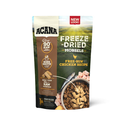 Front view of Acana Freeze-Dried Morsels dog food bag with chicken recipe, 8 oz size, showing raw ingredients and bone broth details.