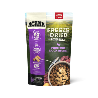Front view of Acana Freeze-Dried Morsels dog food bag with free-run duck recipe, 8 oz size.