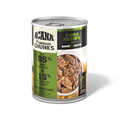 Front view of a silver can of Acana Premium Chunks dog food with pork recipe in bone broth.