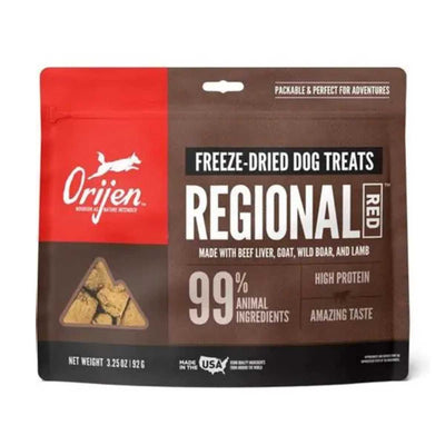 Front view of Orijen Regional Red freeze-dried dog treats package, 3.25 oz, red and brown color