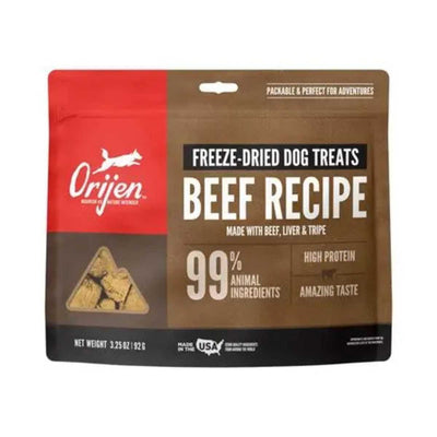 Front view of Orijen freeze-dried beef dog treats package with red and brown colors