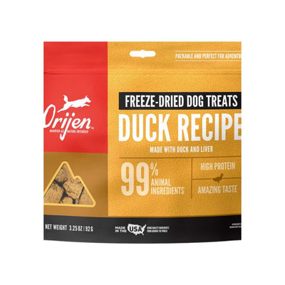 Front view of Orijen freeze-dried dog treats package with duck recipe, 3.25 oz, red and gold color