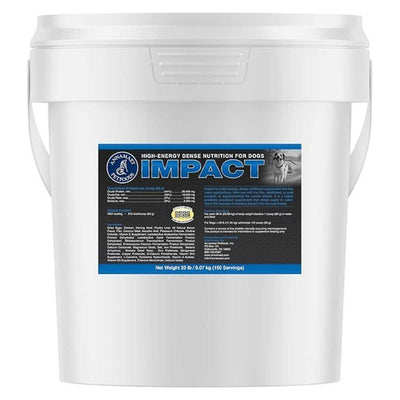 White bucket of Annamaet Pet Foods Impact canine supplement, 20 lb, front view, packaged product