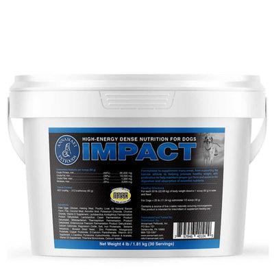 Front view of a white bucket with blue label for Annamaet Pet Foods Impact dog supplement, 4 lb size